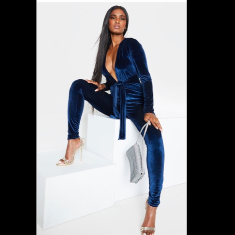 Navy Velvet Deep Plunge Tie Waist Jumpsuit